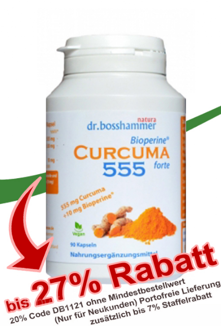 Curcuma Bioperine forte 555mg pro 90 Kapseln bei Dr. Bosshammer online bestellen Curcuma Bioperine forte 555mg pro 90 Kapseln bis 27% Dr. Bosshammer-Rabatt!